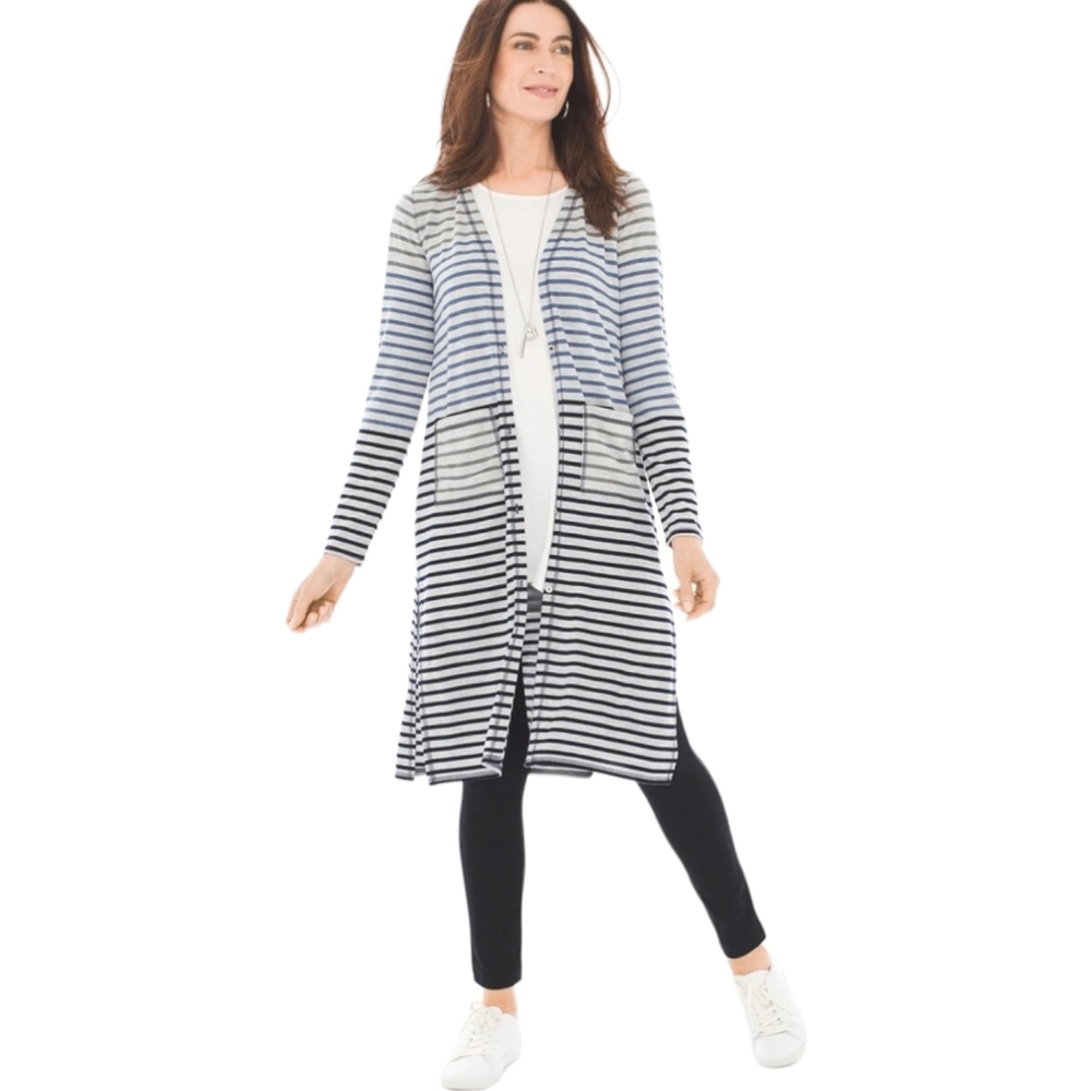 Chicos Zenergy Radley Striped Button Front  Duster Cardigan W/Pockets SZ 1=M